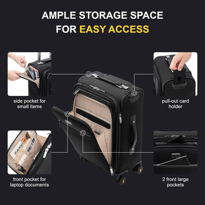 Carry On Luggage with Compartment, 20 Inch Softside Expandable Travel Suitcase with Spinner Wheels, Top Opening Luggage, Men and Women, Black