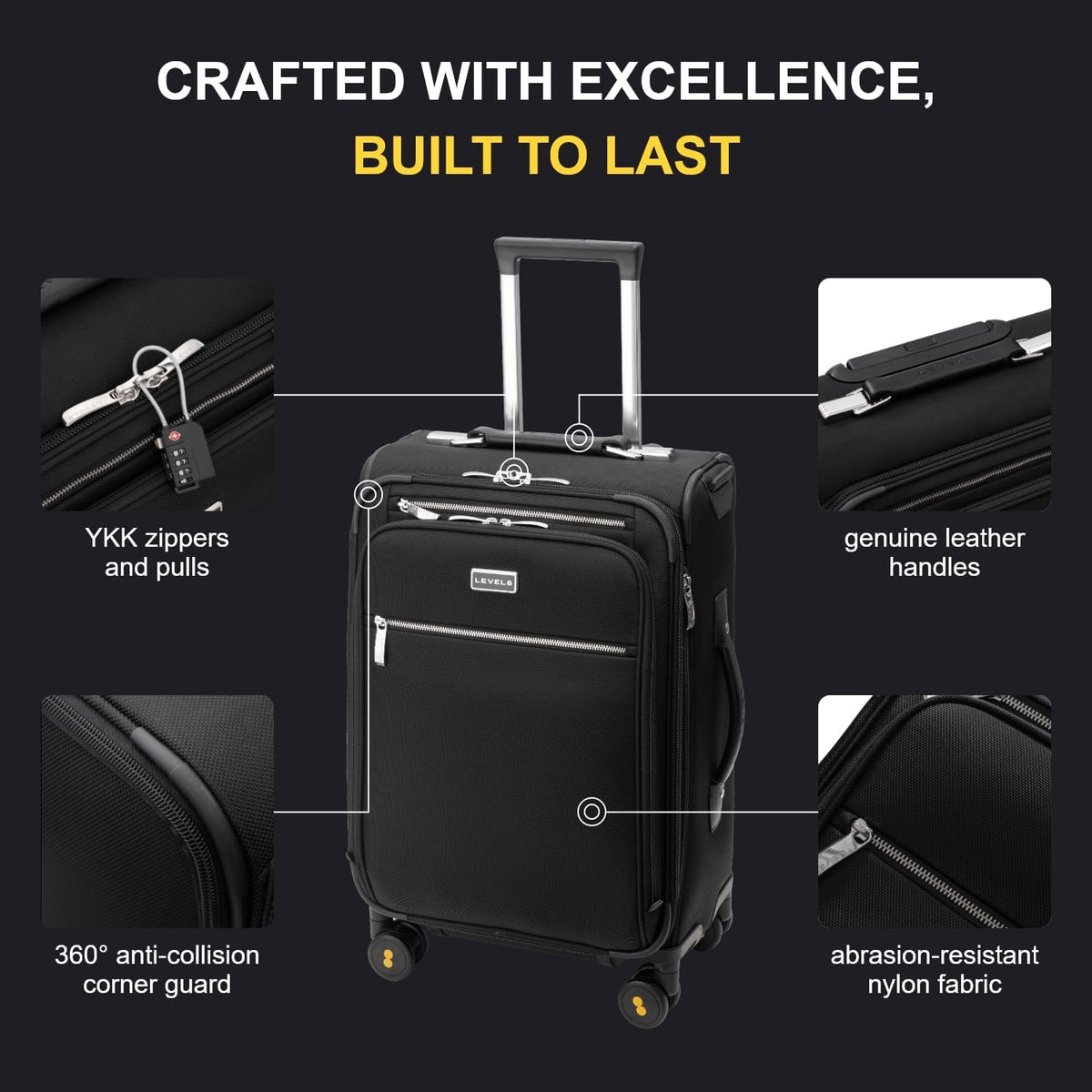 Carry On Luggage with Compartment, 20 Inch Softside Expandable Travel Suitcase with Spinner Wheels, Top Opening Luggage, Men and Women, Black