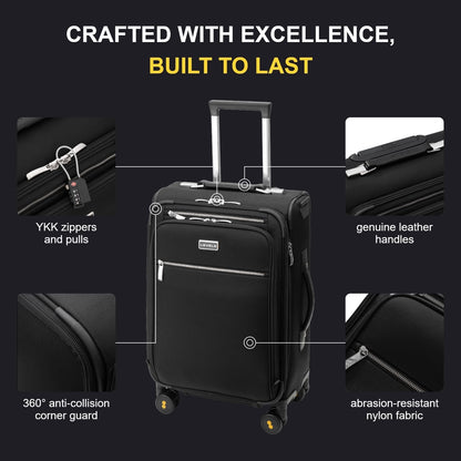 Carry On Luggage with Compartment, 20 Inch Softside Expandable Travel Suitcase with Spinner Wheels, Top Opening Luggage, Men and Women, Black