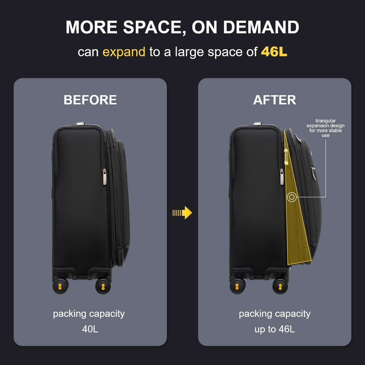 Carry On Luggage with Compartment, 20 Inch Softside Expandable Travel Suitcase with Spinner Wheels, Top Opening Luggage, Men and Women, Black