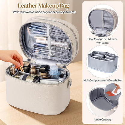 Leather Makeup Bag Organizer Double Layer Vanity Bag Large Capacity with Compartments and Handle Travel Portable Storage Crossbody Cosmetic Jewelry Case for Women. Brown