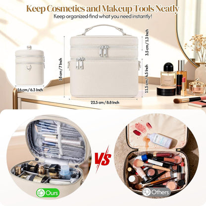 Leather Makeup Bag Organizer Double Layer Vanity Bag Large Capacity with Compartments and Handle Travel Portable Storage Crossbody Cosmetic Jewelry Case for Women. Brown