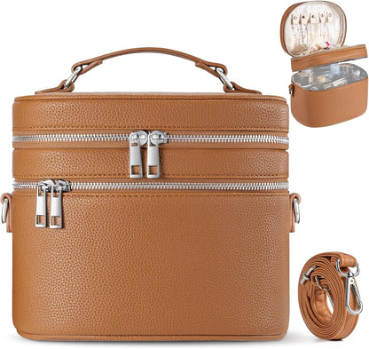 Leather Makeup Bag Organizer Double Layer Vanity Bag Large Capacity with Compartments and Handle Travel Portable Storage Crossbody Cosmetic Jewelry Case for Women. Brown