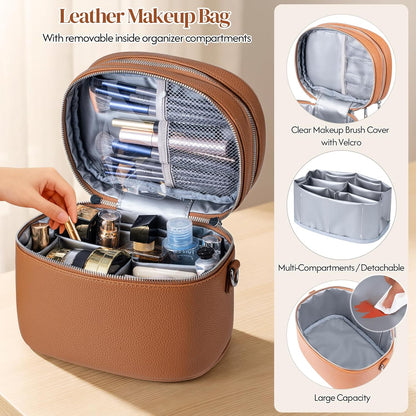 Leather Makeup Bag Organizer Double Layer Vanity Bag Large Capacity with Compartments and Handle Travel Portable Storage Crossbody Cosmetic Jewelry Case for Women. Brown