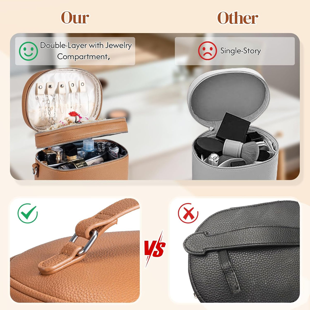 Leather Makeup Bag Organizer Double Layer Vanity Bag Large Capacity with Compartments and Handle Travel Portable Storage Crossbody Cosmetic Jewelry Case for Women. Brown