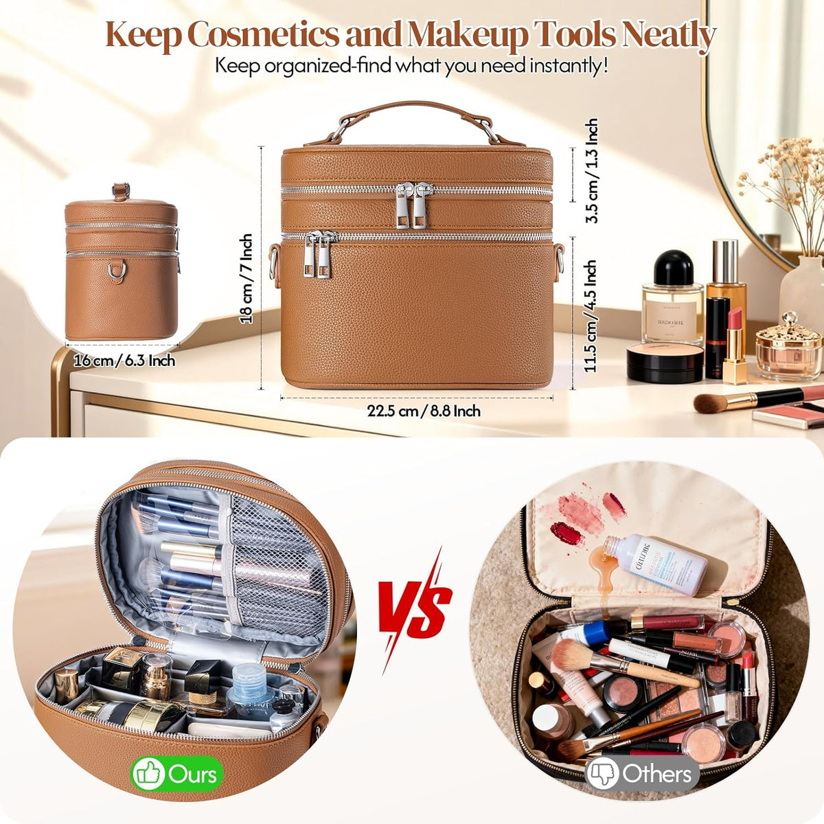 Leather Makeup Bag Organizer Double Layer Vanity Bag Large Capacity with Compartments and Handle Travel Portable Storage Crossbody Cosmetic Jewelry Case for Women. Brown