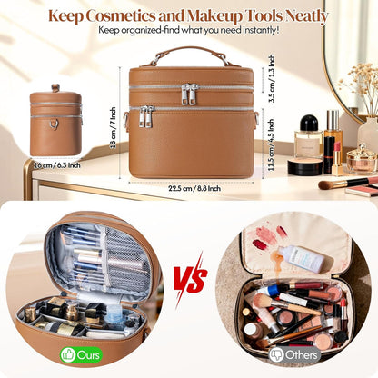 Leather Makeup Bag Organizer Double Layer Vanity Bag Large Capacity with Compartments and Handle Travel Portable Storage Crossbody Cosmetic Jewelry Case for Women. Brown