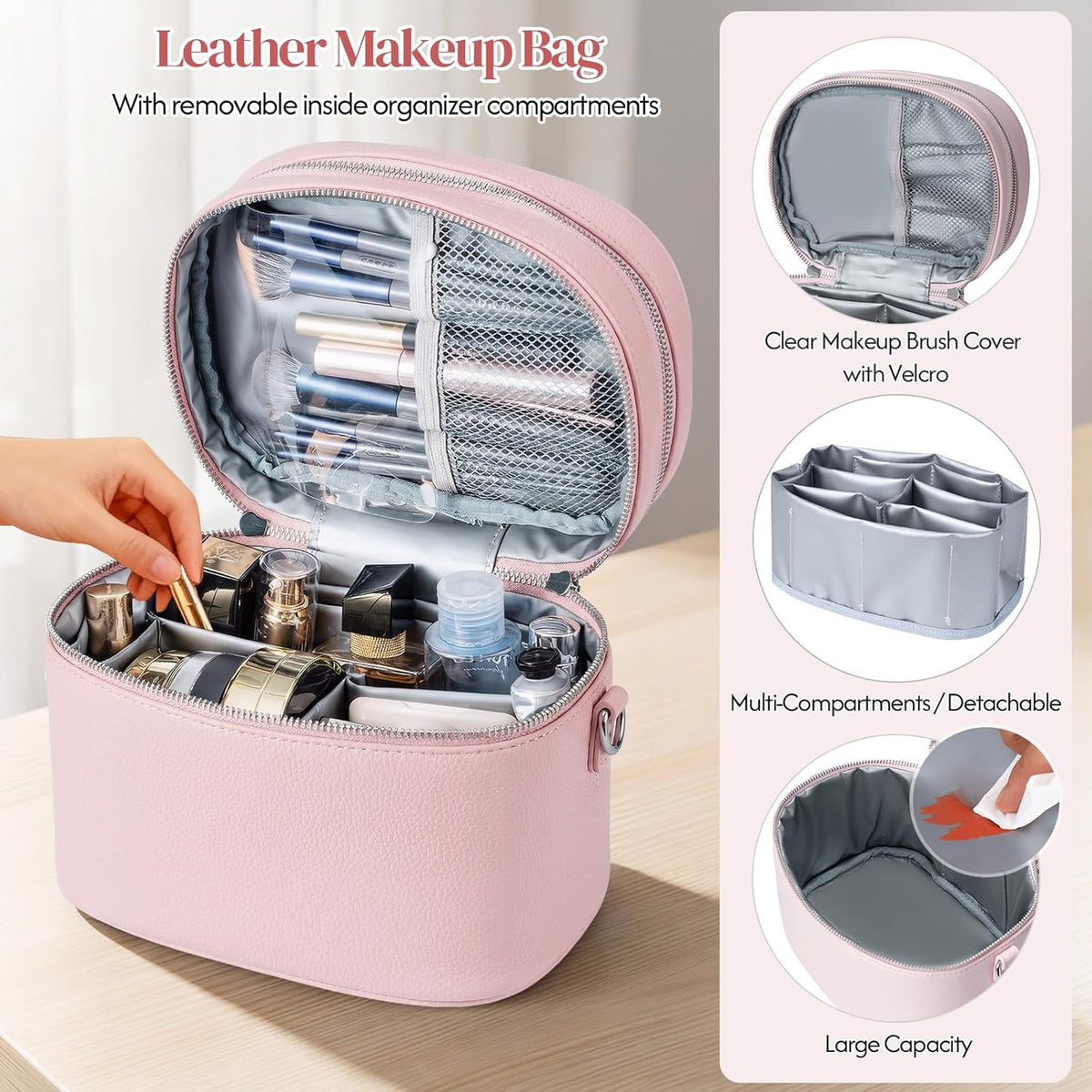 Leather Makeup Bag Organizer Double Layer Vanity Bag Large Capacity with Compartments and Handle Travel Portable Storage Crossbody Cosmetic Jewelry Case for Women. Brown