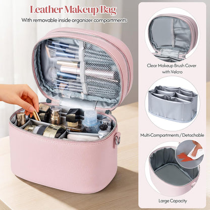 Leather Makeup Bag Organizer Double Layer Vanity Bag Large Capacity with Compartments and Handle Travel Portable Storage Crossbody Cosmetic Jewelry Case for Women. Brown
