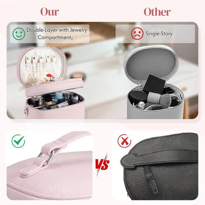 Leather Makeup Bag Organizer Double Layer Vanity Bag Large Capacity with Compartments and Handle Travel Portable Storage Crossbody Cosmetic Jewelry Case for Women. Brown