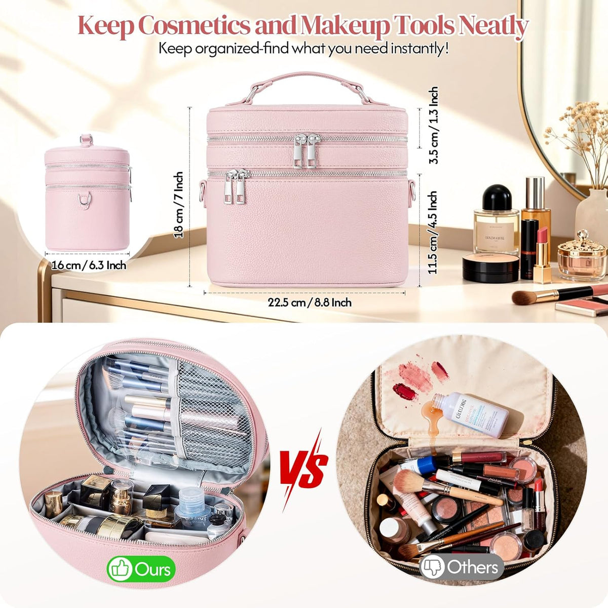 Leather Makeup Bag Organizer Double Layer Vanity Bag Large Capacity with Compartments and Handle Travel Portable Storage Crossbody Cosmetic Jewelry Case for Women. Brown