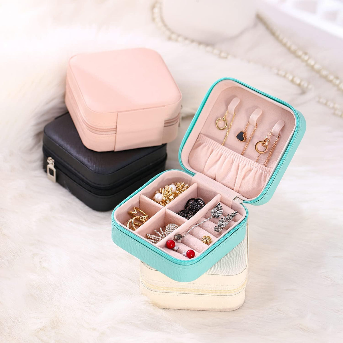 Mini Jewelry Travel Case, Small Portable Jewellry Organizer Box Portable Display Storage Box for Rings Earrings Necklaces, Gifts for Girl, Women, Wedding, Birthday, Mom, Mother's Day (Blue)