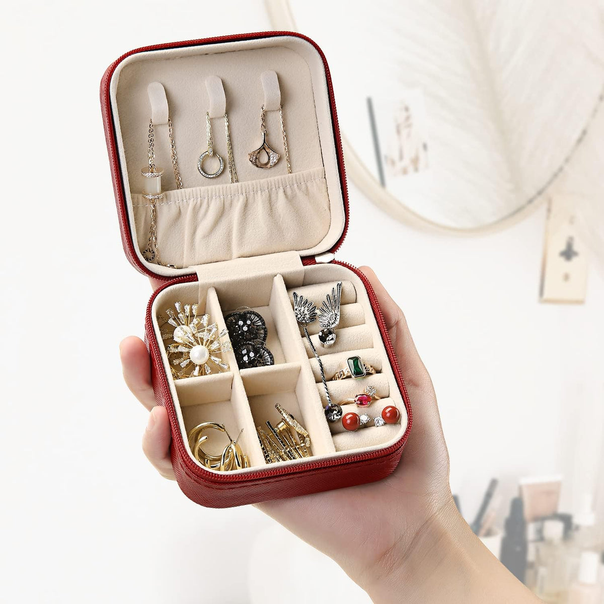 Mini Jewelry Travel Case, Small Portable Jewellry Organizer Box Portable Display Storage Box for Rings Earrings Necklaces, Gifts for Girl, Women, Wedding, Birthday, Mom, Mother's Day (Blue)
