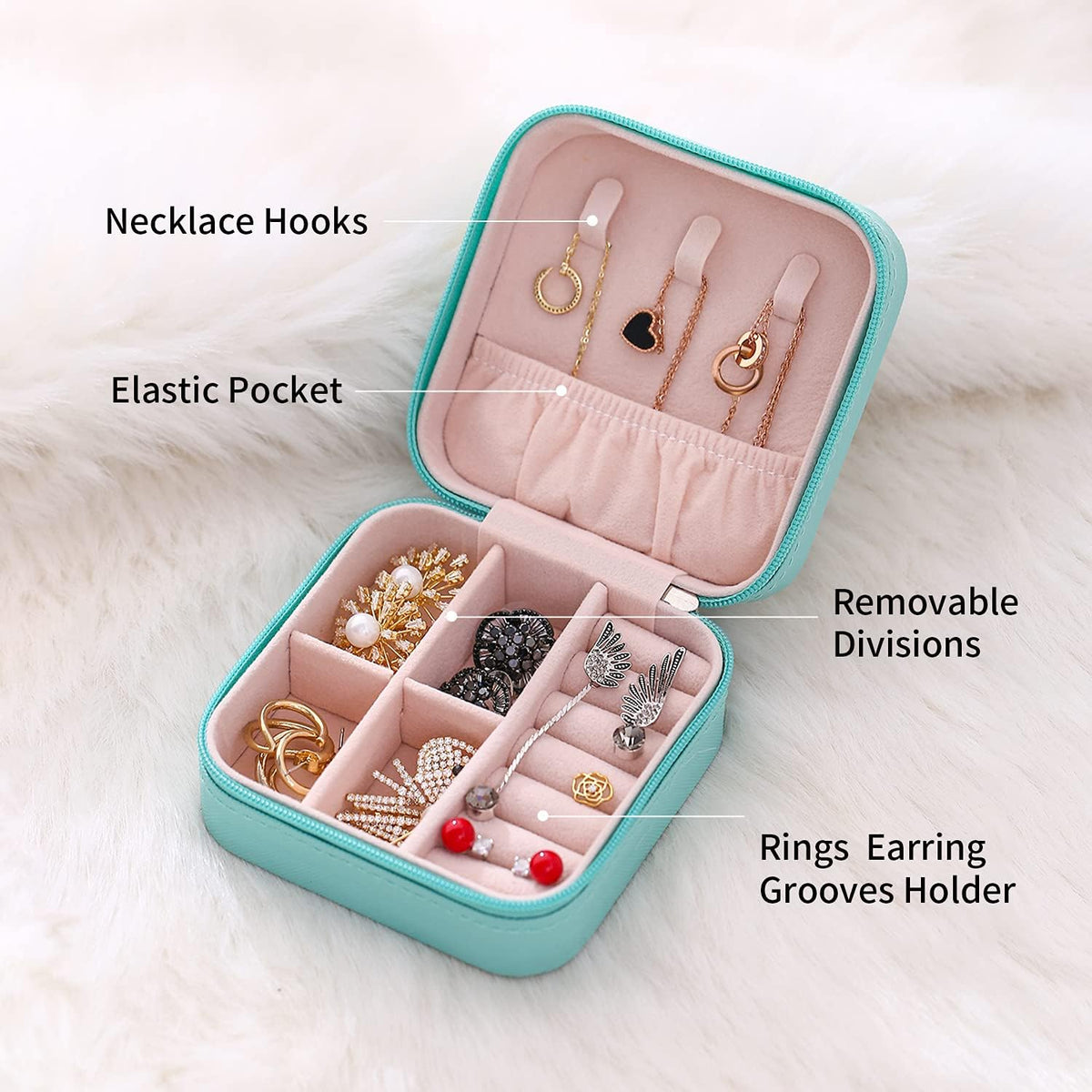 Mini Jewelry Travel Case, Small Portable Jewellry Organizer Box Portable Display Storage Box for Rings Earrings Necklaces, Gifts for Girl, Women, Wedding, Birthday, Mom, Mother's Day (Blue)
