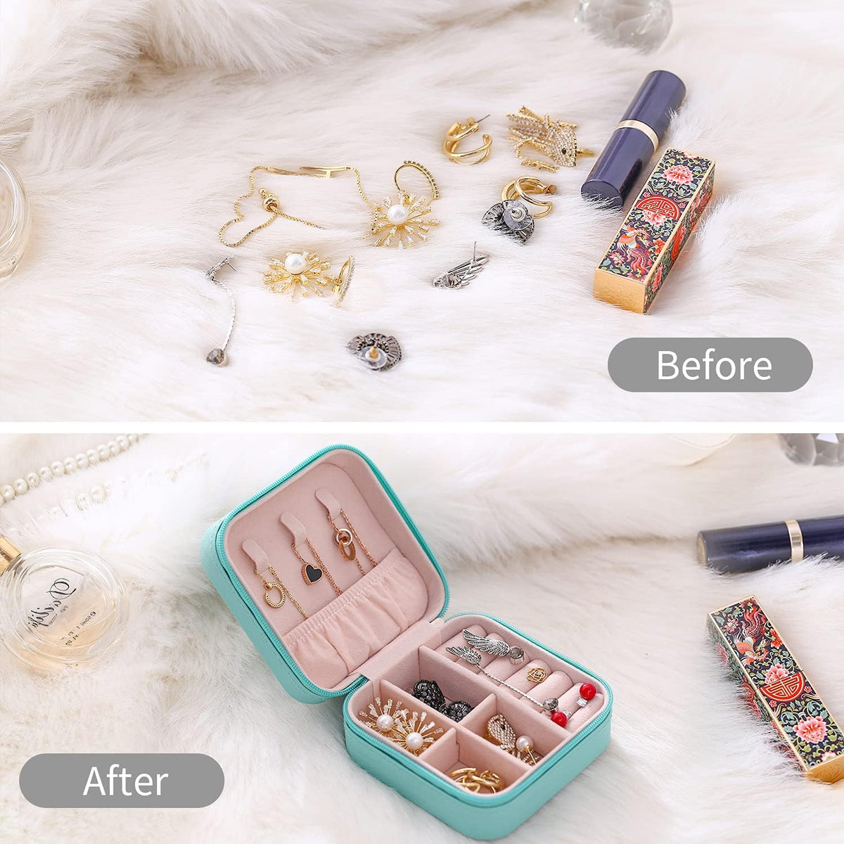 Mini Jewelry Travel Case, Small Portable Jewellry Organizer Box Portable Display Storage Box for Rings Earrings Necklaces, Gifts for Girl, Women, Wedding, Birthday, Mom, Mother's Day (Blue)