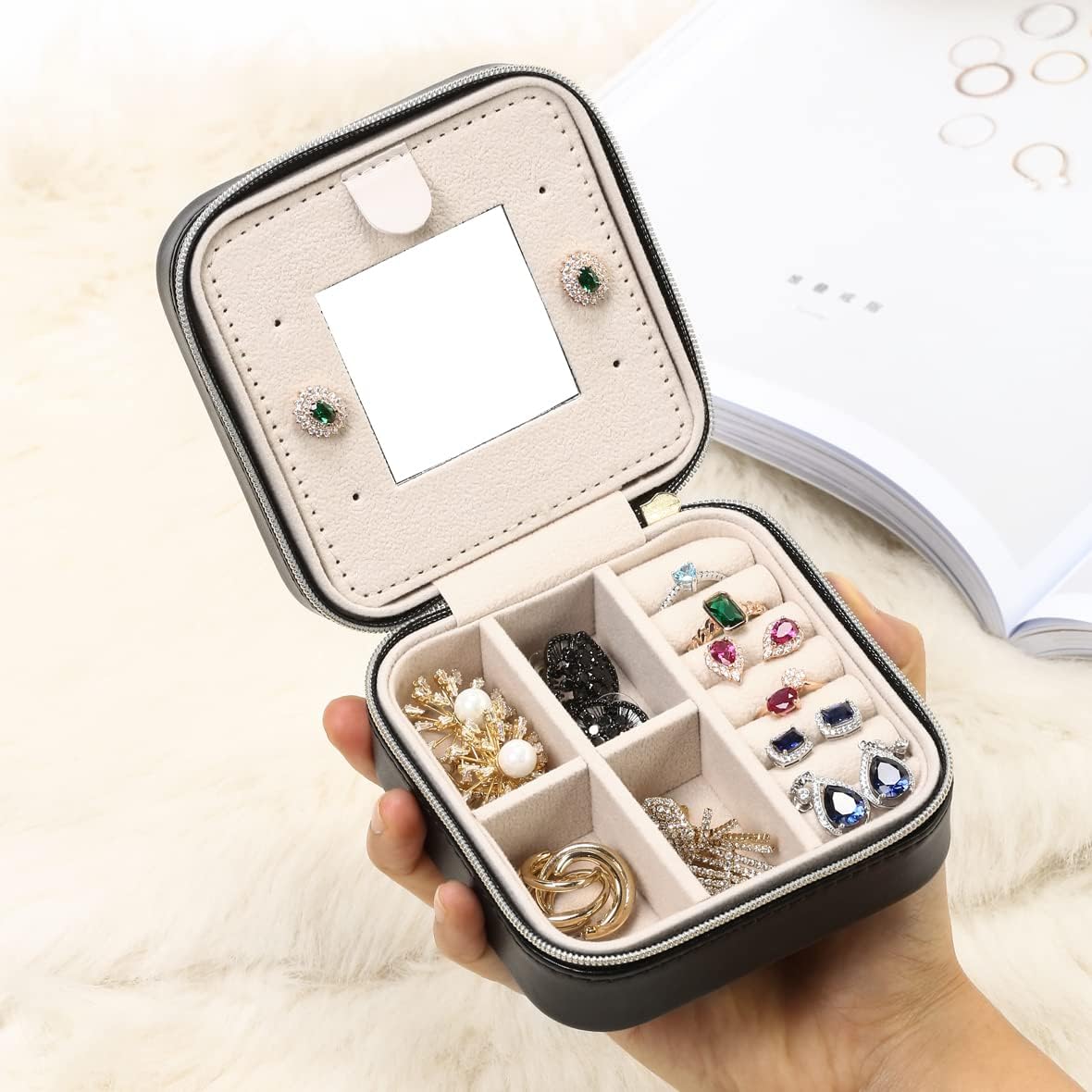 Mini Jewelry Travel Case, Small Portable Jewellry Organizer Box Portable Display Storage Box for Rings Earrings Necklaces, Gifts for Girl, Women, Wedding, Birthday, Mom, Mother's Day (Blue)