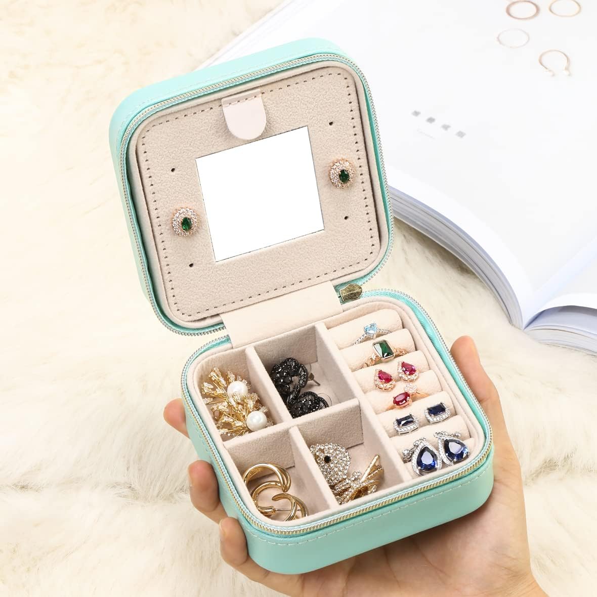 Mini Jewelry Travel Case, Small Portable Jewellry Organizer Box Portable Display Storage Box for Rings Earrings Necklaces, Gifts for Girl, Women, Wedding, Birthday, Mom, Mother's Day (Blue)