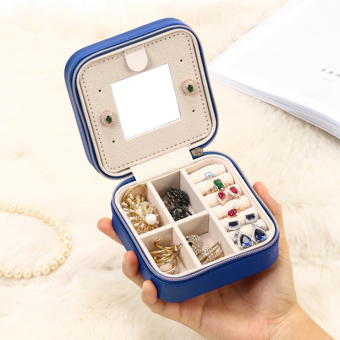 Mini Jewelry Travel Case, Small Portable Jewellry Organizer Box Portable Display Storage Box for Rings Earrings Necklaces, Gifts for Girl, Women, Wedding, Birthday, Mom, Mother's Day (Blue)