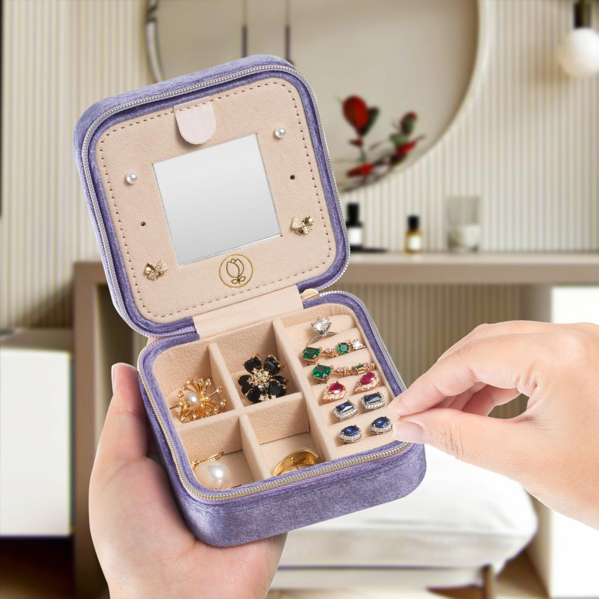 Mini Jewelry Travel Case, Small Portable Jewellry Organizer Box Portable Display Storage Box for Rings Earrings Necklaces, Gifts for Girl, Women, Wedding, Birthday, Mom, Mother's Day (Blue)