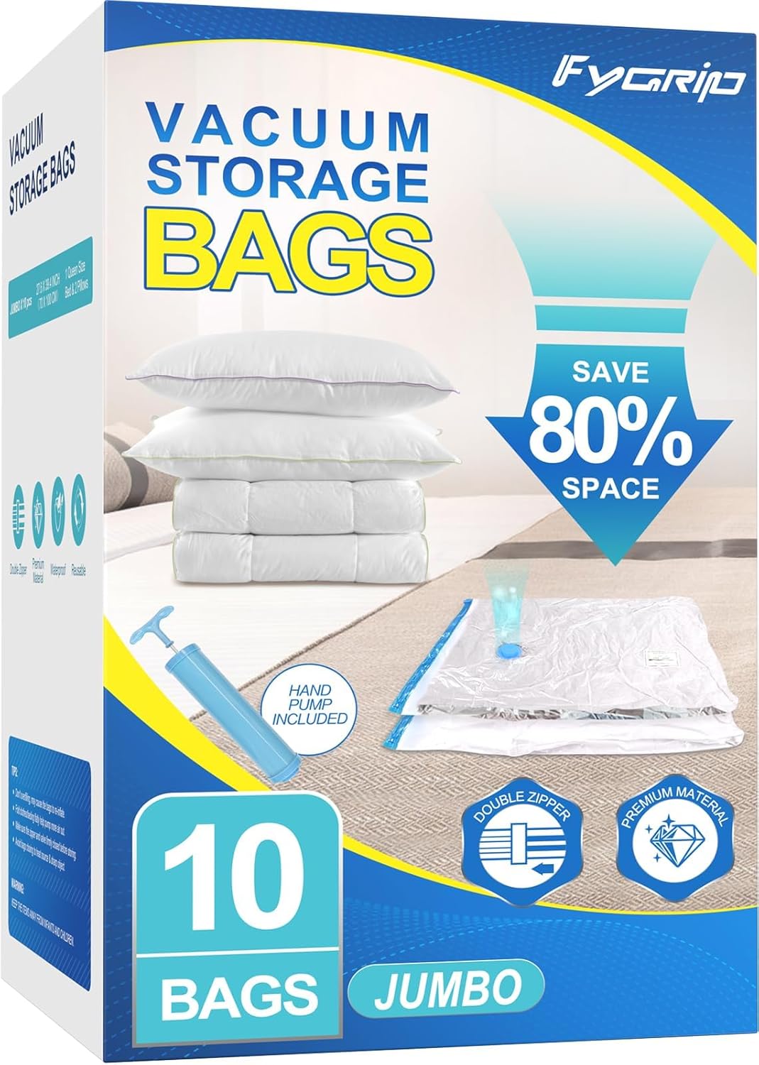 Vacuum Storage Bags with Hand Pump, Plastic Packaging Bags, 80% Space Saver Vacuum Seal Bags for Clothing, Travel Lugggage, Blankets, Comforters, 20 Combo