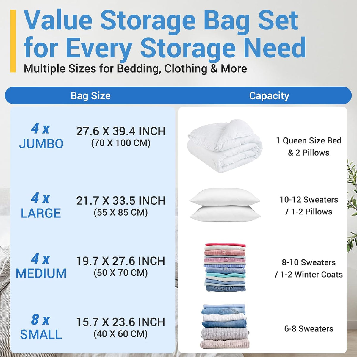Vacuum Storage Bags with Hand Pump, Plastic Packaging Bags, 80% Space Saver Vacuum Seal Bags for Clothing, Travel Lugggage, Blankets, Comforters, 20 Combo