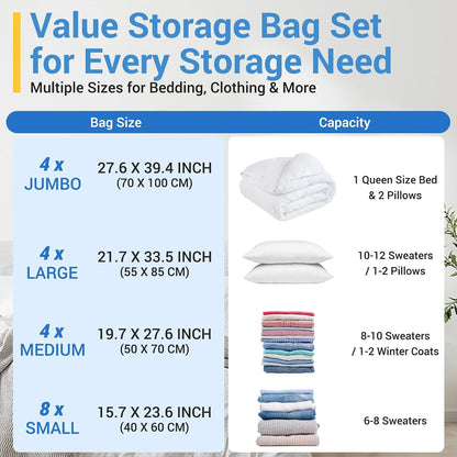 Vacuum Storage Bags with Hand Pump, Plastic Packaging Bags, 80% Space Saver Vacuum Seal Bags for Clothing, Travel Lugggage, Blankets, Comforters, 20 Combo