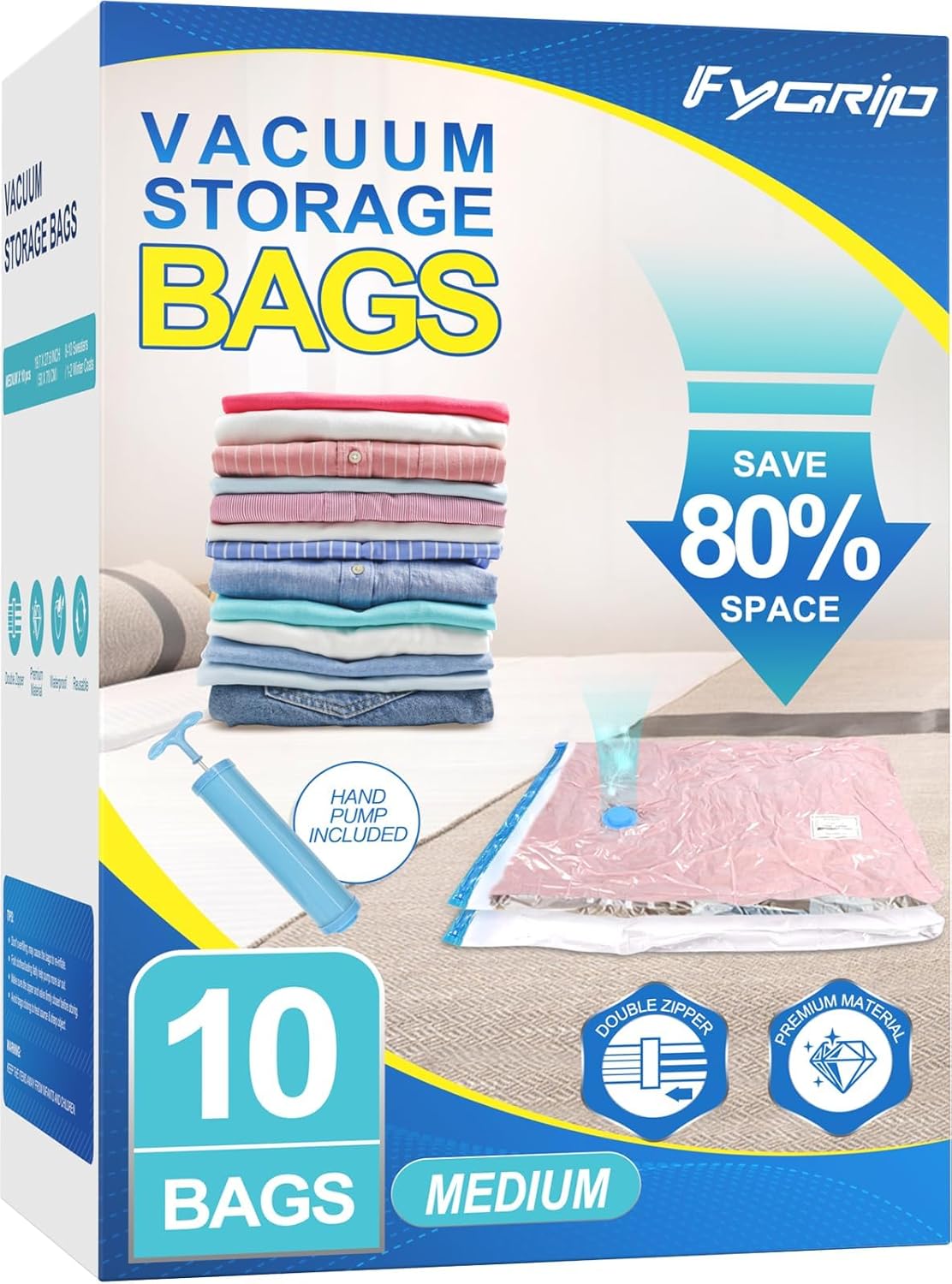 Vacuum Storage Bags with Hand Pump, Plastic Packaging Bags, 80% Space Saver Vacuum Seal Bags for Clothing, Travel Lugggage, Blankets, Comforters, 20 Combo