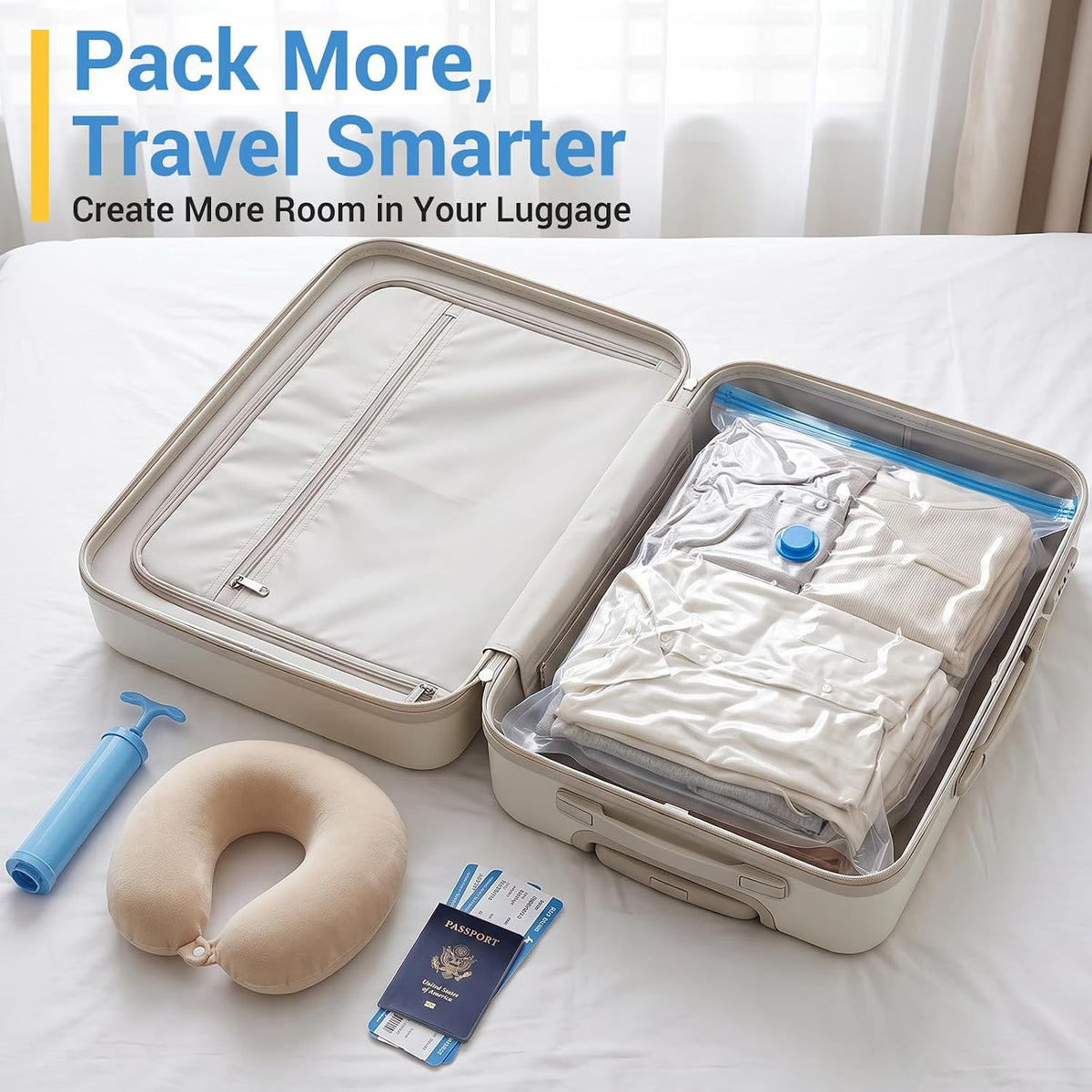 Vacuum Storage Bags with Hand Pump, Plastic Packaging Bags, 80% Space Saver Vacuum Seal Bags for Clothing, Travel Lugggage, Blankets, Comforters, 20 Combo