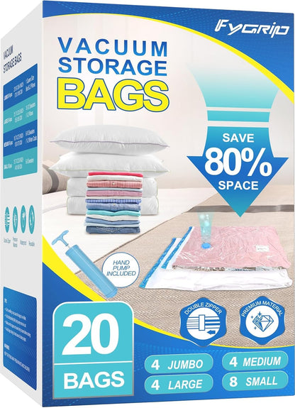 Vacuum Storage Bags with Hand Pump, Plastic Packaging Bags, 80% Space Saver Vacuum Seal Bags for Clothing, Travel Lugggage, Blankets, Comforters, 20 Combo