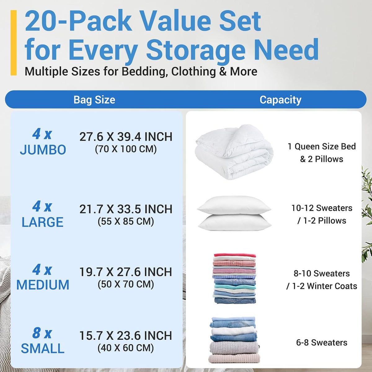Vacuum Storage Bags with Hand Pump, Plastic Packaging Bags, 80% Space Saver Vacuum Seal Bags for Clothing, Travel Lugggage, Blankets, Comforters, 20 Combo
