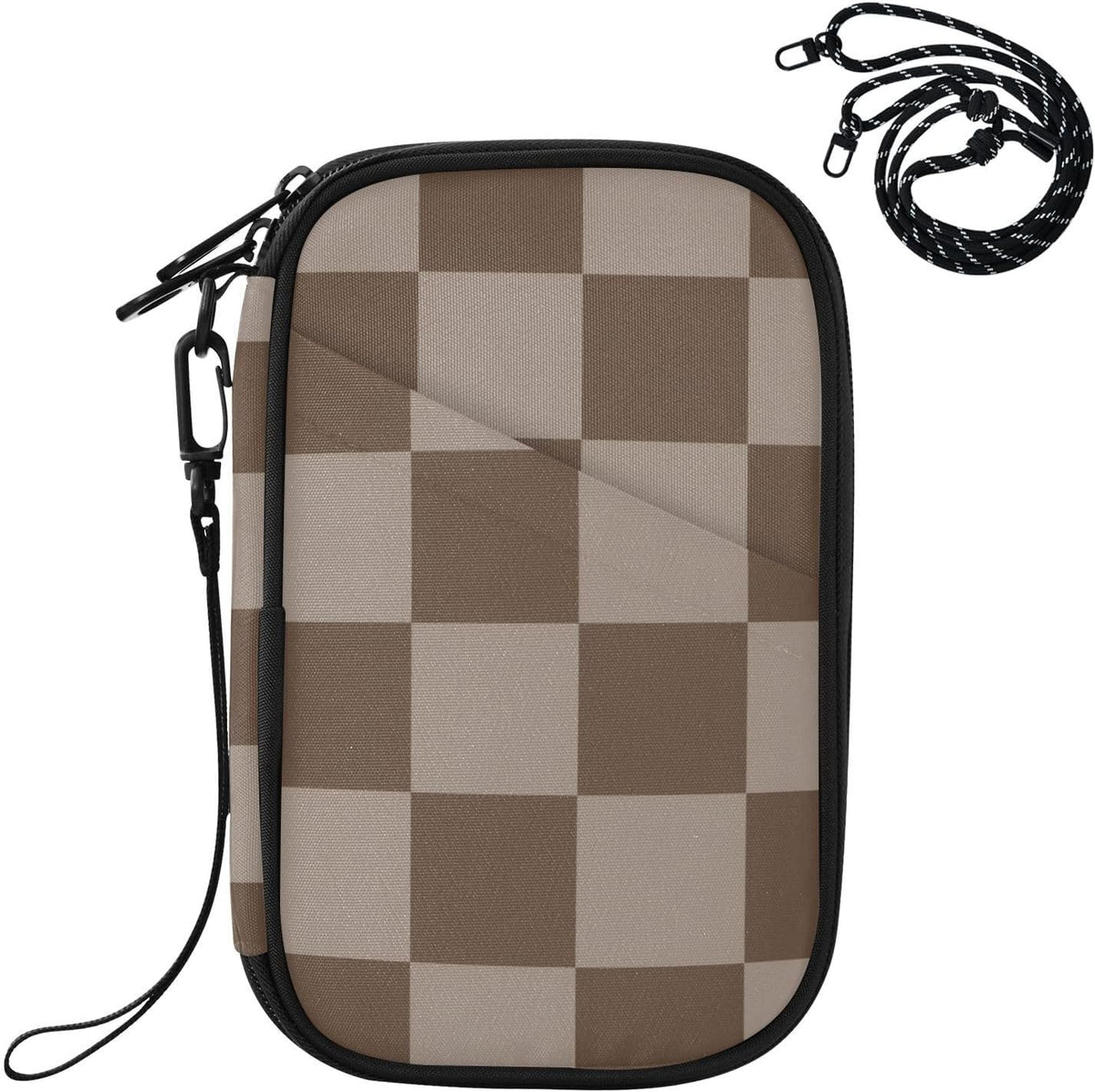 Travel Doc Organizer 21×14×3 CM | Polyester Oxford Multi Pockets Detachable Strap for Men Women Vacation Brown Checker