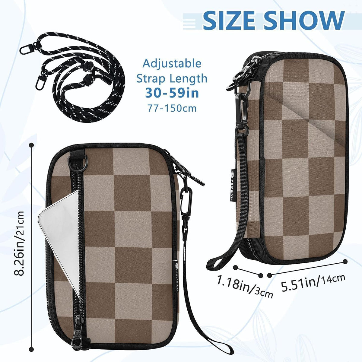 Travel Doc Organizer 21×14×3 CM | Polyester Oxford Multi Pockets Detachable Strap for Men Women Vacation Brown Checker