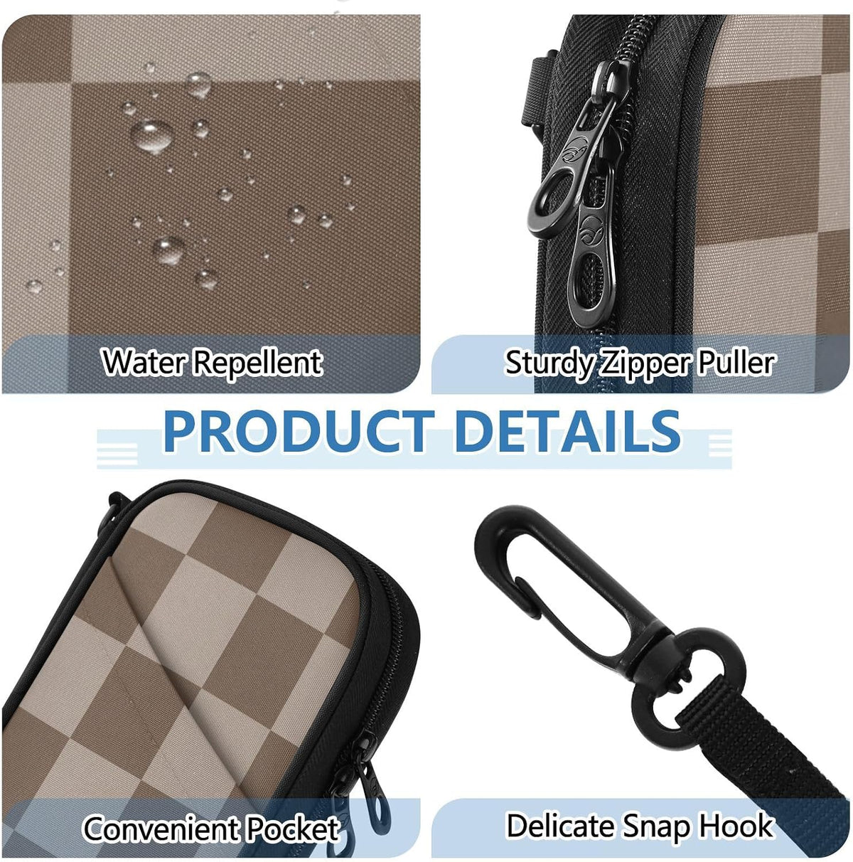 Travel Doc Organizer 21×14×3 CM | Polyester Oxford Multi Pockets Detachable Strap for Men Women Vacation Brown Checker