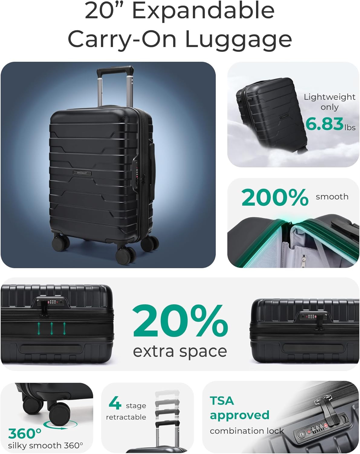 Carry On Luggage 22x14x9 Airline Approved with Spinner Wheels,Lightweight 20 Inch Luggage with TSA Lock,Expandable Hard Shell Carry On Suitcases for Men Women,Gray