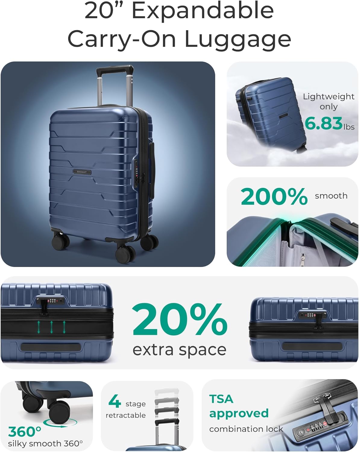 Carry On Luggage 22x14x9 Airline Approved with Spinner Wheels,Lightweight 20 Inch Luggage with TSA Lock,Expandable Hard Shell Carry On Suitcases for Men Women,Gray