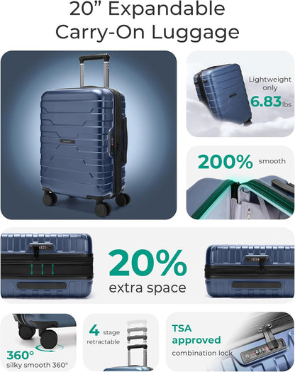 Carry On Luggage 22x14x9 Airline Approved with Spinner Wheels,Lightweight 20 Inch Luggage with TSA Lock,Expandable Hard Shell Carry On Suitcases for Men Women,Gray