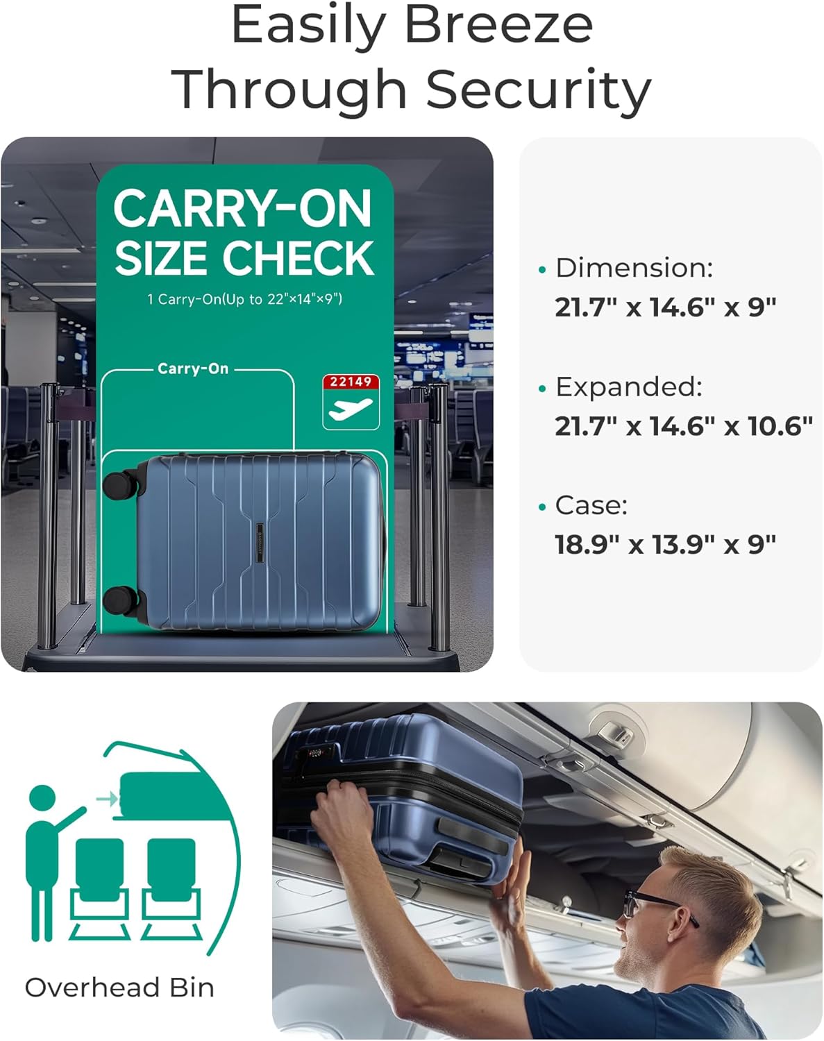 Carry On Luggage 22x14x9 Airline Approved with Spinner Wheels,Lightweight 20 Inch Luggage with TSA Lock,Expandable Hard Shell Carry On Suitcases for Men Women,Gray