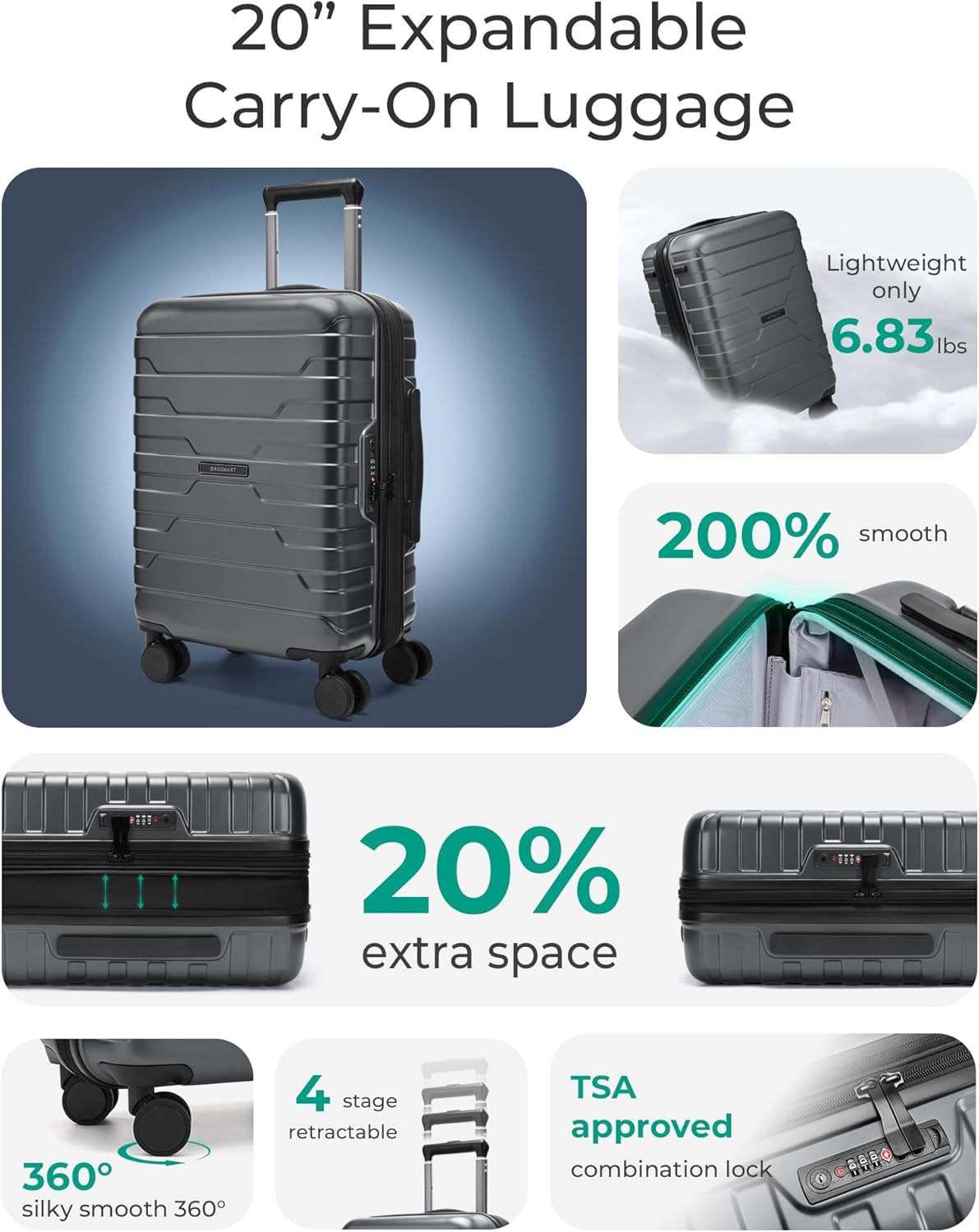Carry On Luggage 22x14x9 Airline Approved with Spinner Wheels,Lightweight 20 Inch Luggage with TSA Lock,Expandable Hard Shell Carry On Suitcases for Men Women,Gray