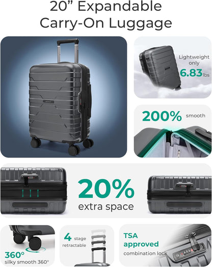 Carry On Luggage 22x14x9 Airline Approved with Spinner Wheels,Lightweight 20 Inch Luggage with TSA Lock,Expandable Hard Shell Carry On Suitcases for Men Women,Gray