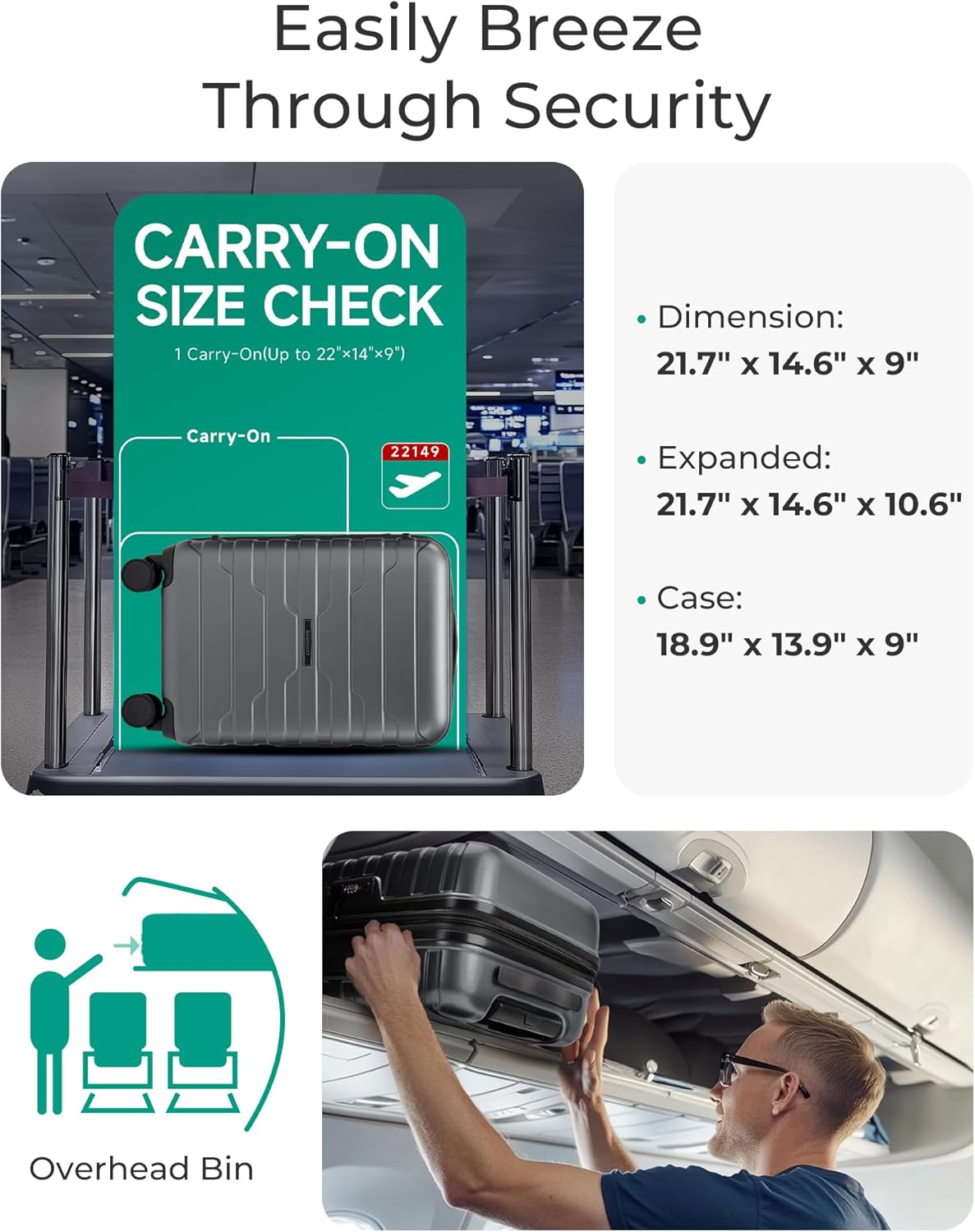 Carry On Luggage 22x14x9 Airline Approved with Spinner Wheels,Lightweight 20 Inch Luggage with TSA Lock,Expandable Hard Shell Carry On Suitcases for Men Women,Gray