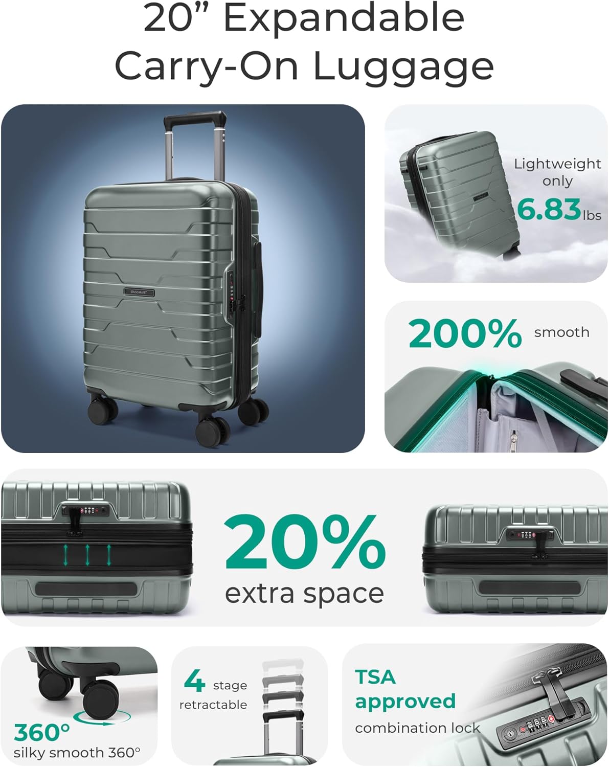 Carry On Luggage 22x14x9 Airline Approved with Spinner Wheels,Lightweight 20 Inch Luggage with TSA Lock,Expandable Hard Shell Carry On Suitcases for Men Women,Gray