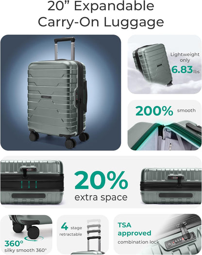 Carry On Luggage 22x14x9 Airline Approved with Spinner Wheels,Lightweight 20 Inch Luggage with TSA Lock,Expandable Hard Shell Carry On Suitcases for Men Women,Gray