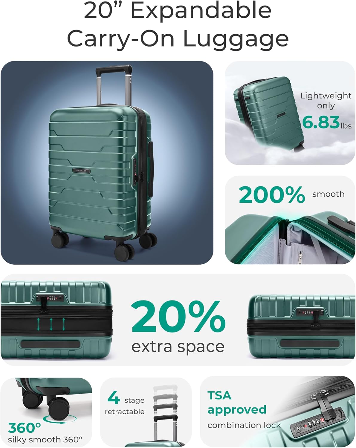 Carry On Luggage 22x14x9 Airline Approved with Spinner Wheels,Lightweight 20 Inch Luggage with TSA Lock,Expandable Hard Shell Carry On Suitcases for Men Women,Gray
