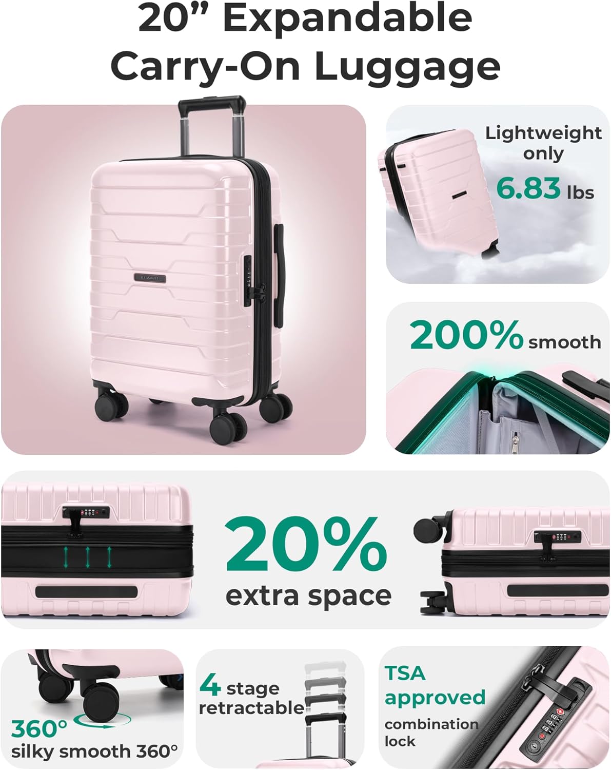 Carry On Luggage 22x14x9 Airline Approved with Spinner Wheels,Lightweight 20 Inch Luggage with TSA Lock,Expandable Hard Shell Carry On Suitcases for Men Women,Gray