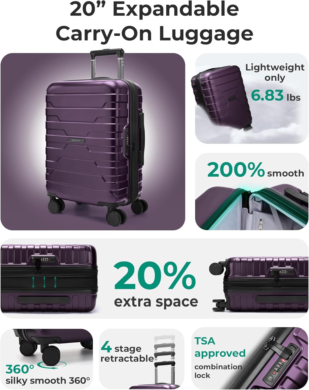Carry On Luggage 22x14x9 Airline Approved with Spinner Wheels,Lightweight 20 Inch Luggage with TSA Lock,Expandable Hard Shell Carry On Suitcases for Men Women,Gray