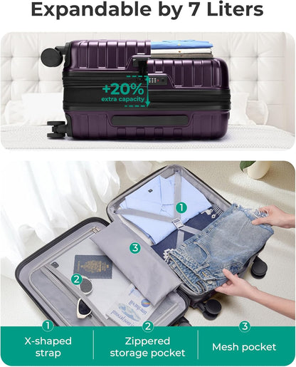 Carry On Luggage 22x14x9 Airline Approved with Spinner Wheels,Lightweight 20 Inch Luggage with TSA Lock,Expandable Hard Shell Carry On Suitcases for Men Women,Gray