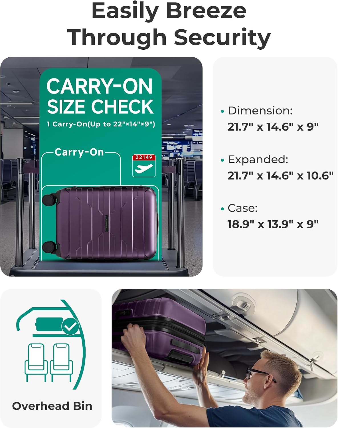 Carry On Luggage 22x14x9 Airline Approved with Spinner Wheels,Lightweight 20 Inch Luggage with TSA Lock,Expandable Hard Shell Carry On Suitcases for Men Women,Gray