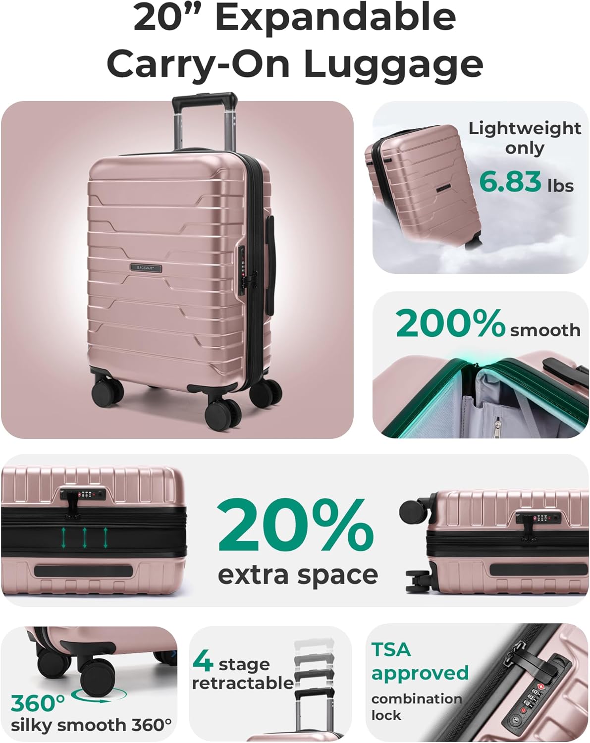 Carry On Luggage 22x14x9 Airline Approved with Spinner Wheels,Lightweight 20 Inch Luggage with TSA Lock,Expandable Hard Shell Carry On Suitcases for Men Women,Gray