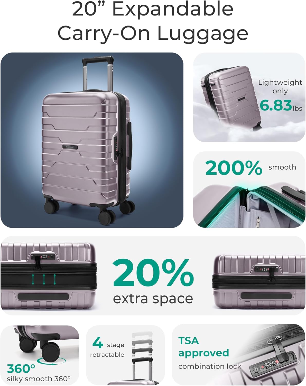 Carry On Luggage 22x14x9 Airline Approved with Spinner Wheels,Lightweight 20 Inch Luggage with TSA Lock,Expandable Hard Shell Carry On Suitcases for Men Women,Gray