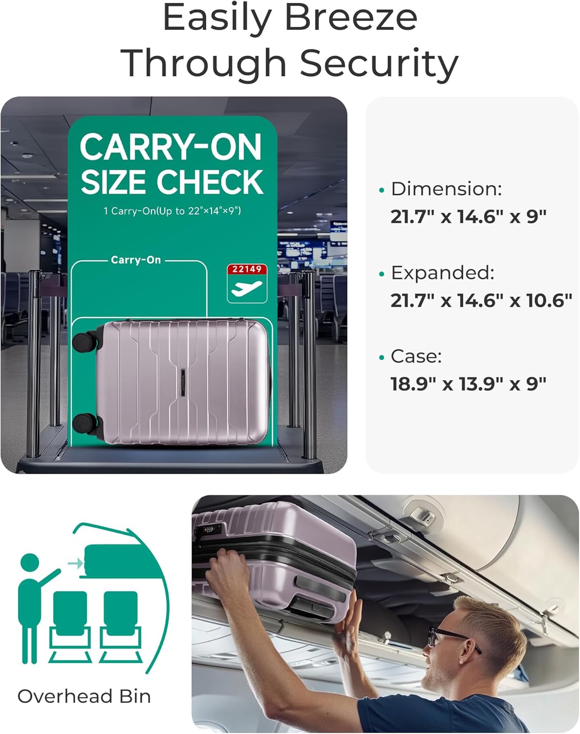 Carry On Luggage 22x14x9 Airline Approved with Spinner Wheels,Lightweight 20 Inch Luggage with TSA Lock,Expandable Hard Shell Carry On Suitcases for Men Women,Gray